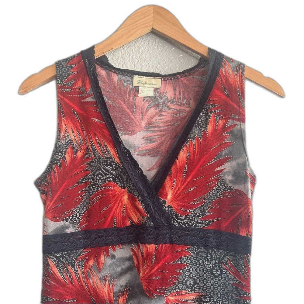 Vtg 90’s Dress Reference VNeck Sleeveless Lace Red Leaf Grey Tie Dye Midi Medium - Picture 2 of 4